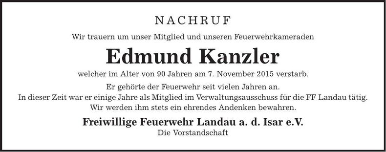 Traueranzeige Edmund Kanzler