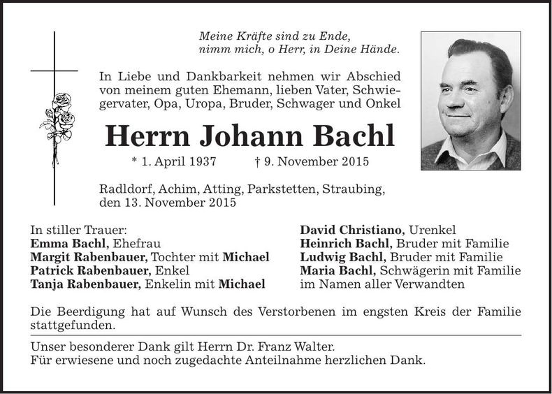 Traueranzeige Johann Bachl