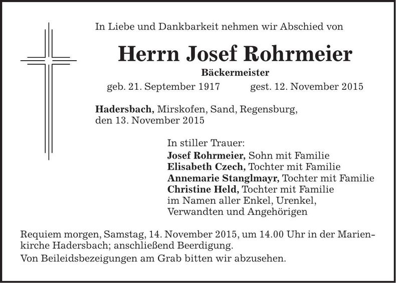 Traueranzeige Josef Rohrmeier