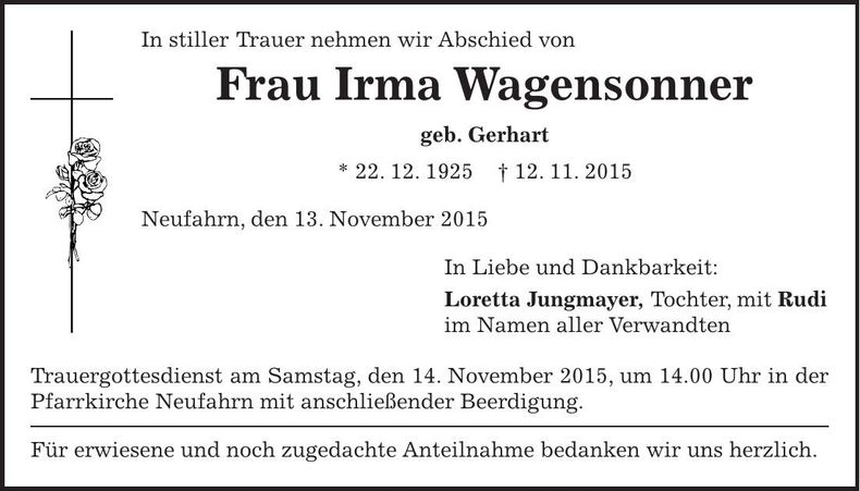 Traueranzeige Irma Wagensonner