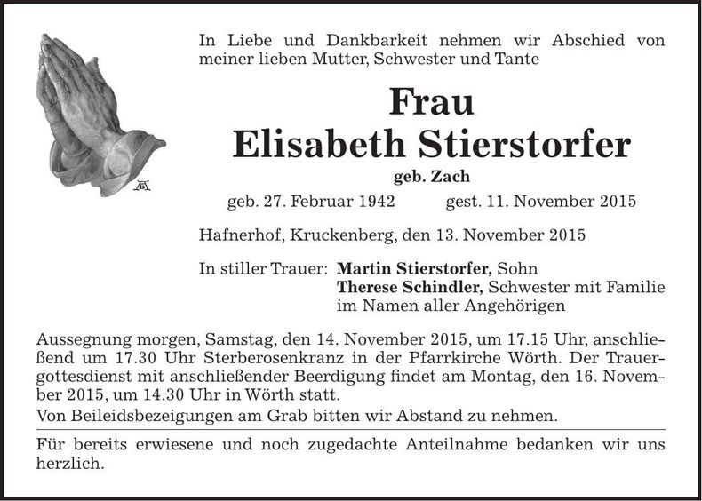 Traueranzeige Elisabeth Stierstorfer
