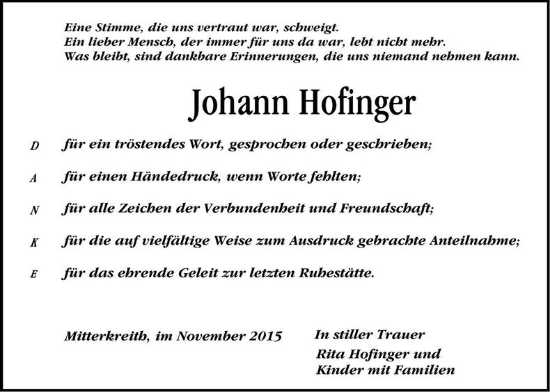 Traueranzeige Johann Hofinger