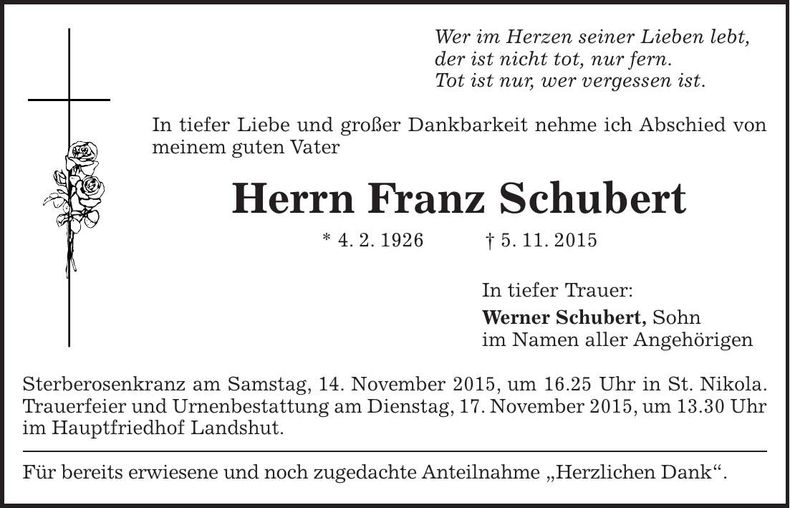 Traueranzeige Franz Schubert