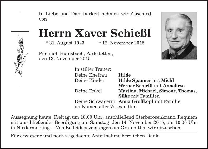 Traueranzeige Xaver Schießl
