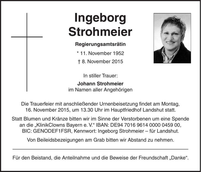 Traueranzeige Ingeborg Strohmeier