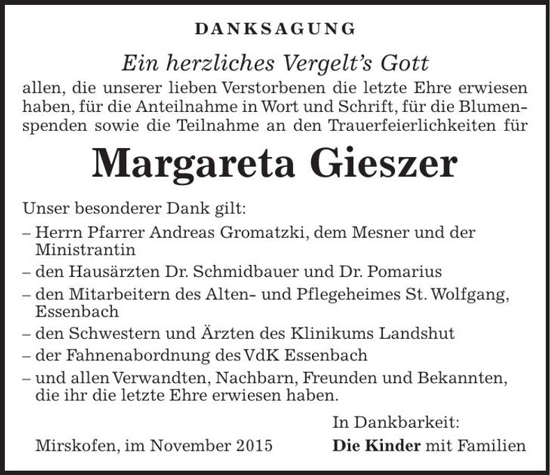 Traueranzeige Margarete Gieszer