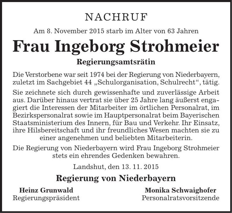 Traueranzeige Ingeborg Strohmeier