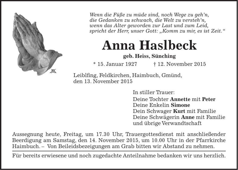 Traueranzeige Anna Haslbeck
