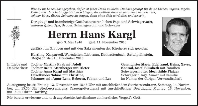 Traueranzeige Hans Kargl