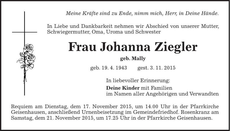 Traueranzeige Johanna Ziegler