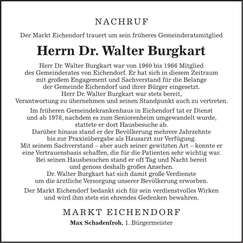 Traueranzeige Walter Burgkart
