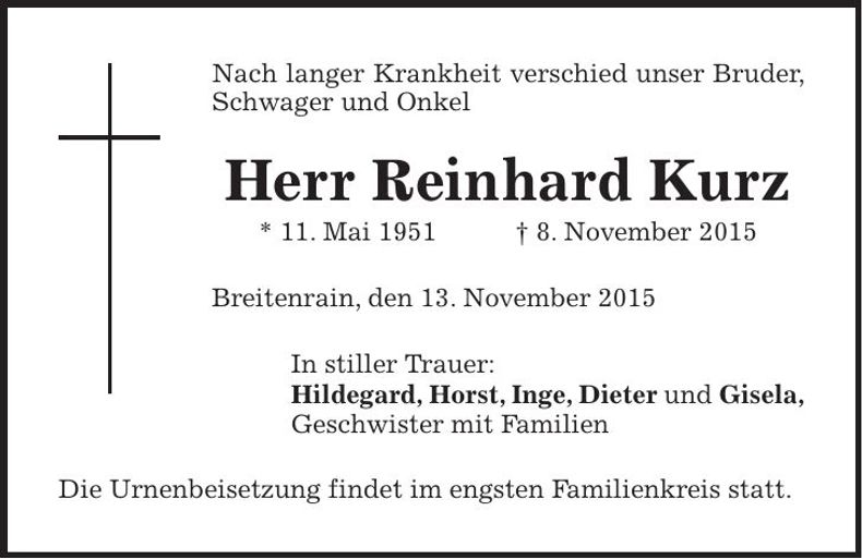 Traueranzeige Reinhard Kurz