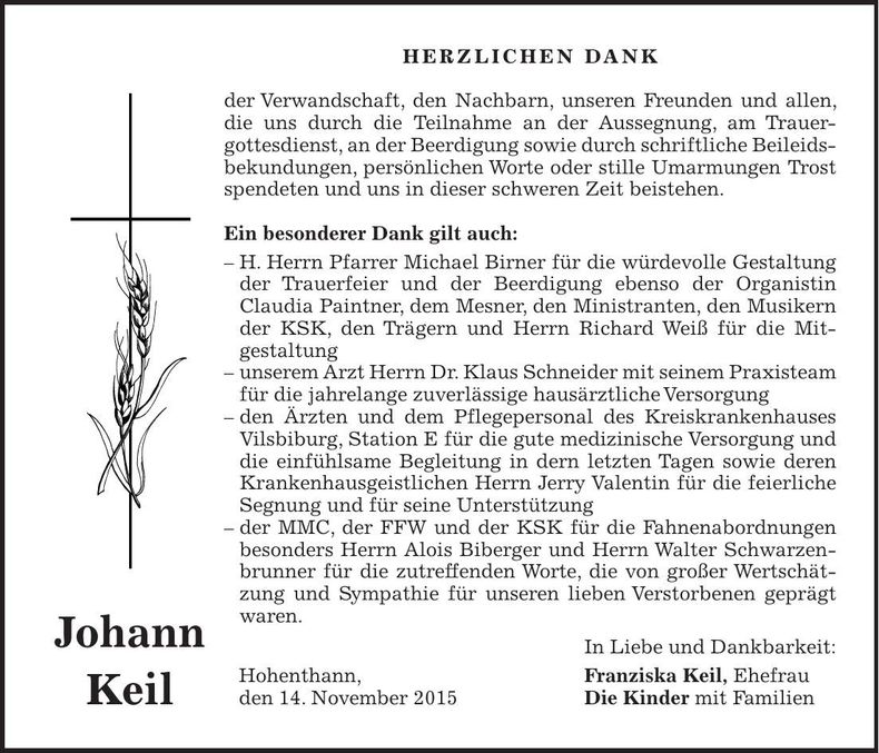 Traueranzeige Johann Keil