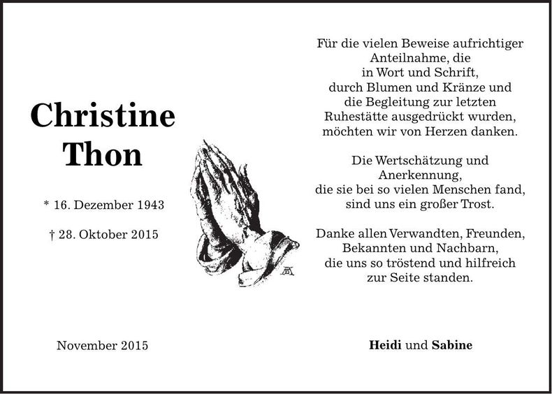 Traueranzeige Christine Thon