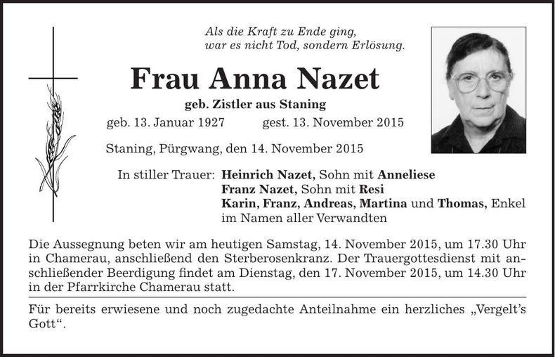Traueranzeige Anna Nazet