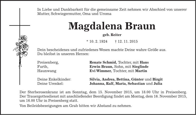 Traueranzeige Magdalene Braun