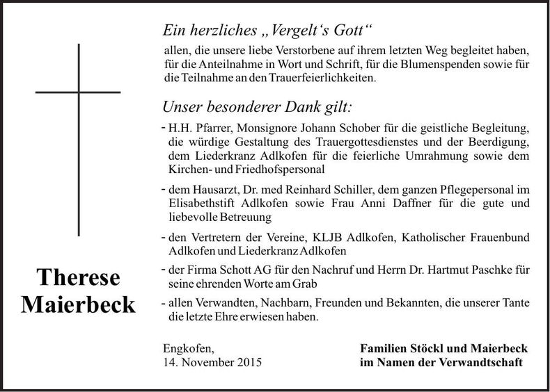 Traueranzeige Therese Maierbeck