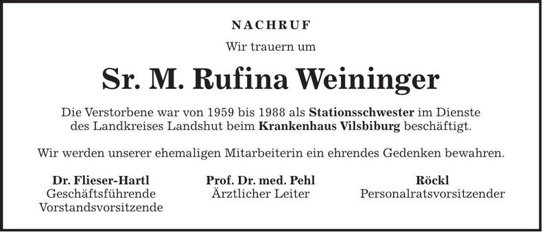 Traueranzeige Rufina Weininger