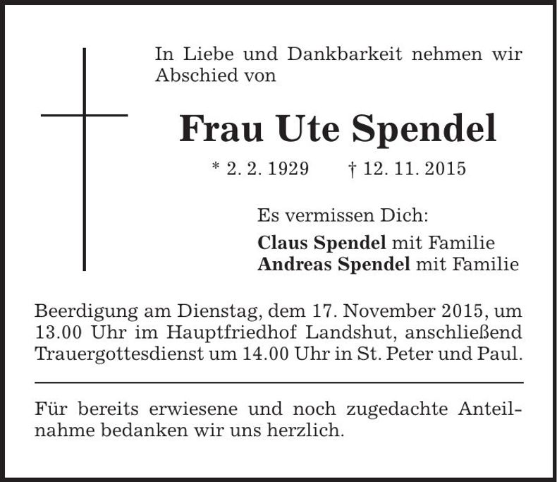 Traueranzeige Ute Spendel