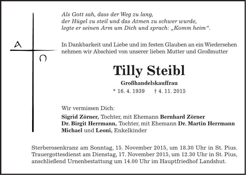 Traueranzeige Tilly Steibl