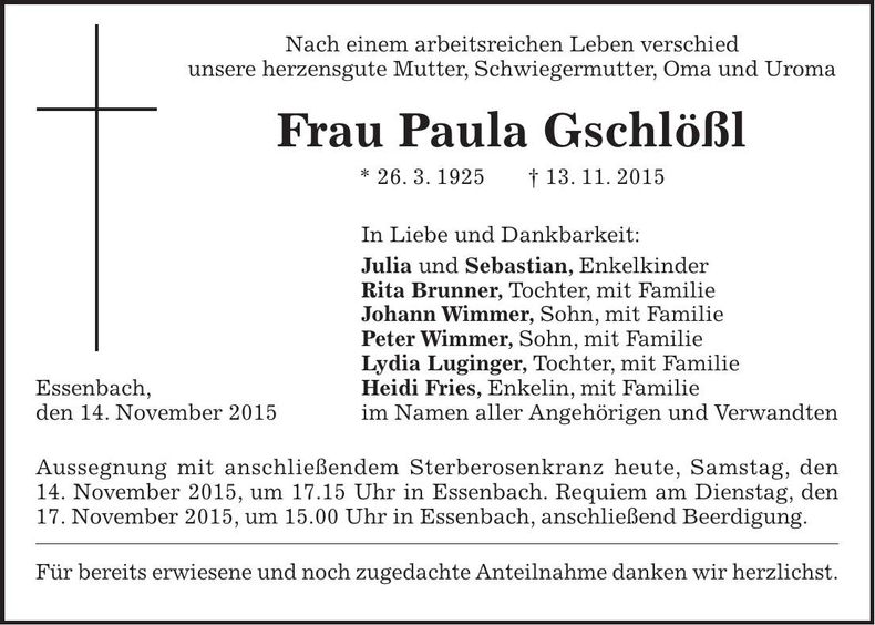 Traueranzeige Paula Gschlößl
