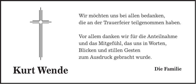 Traueranzeige Kurt Wende