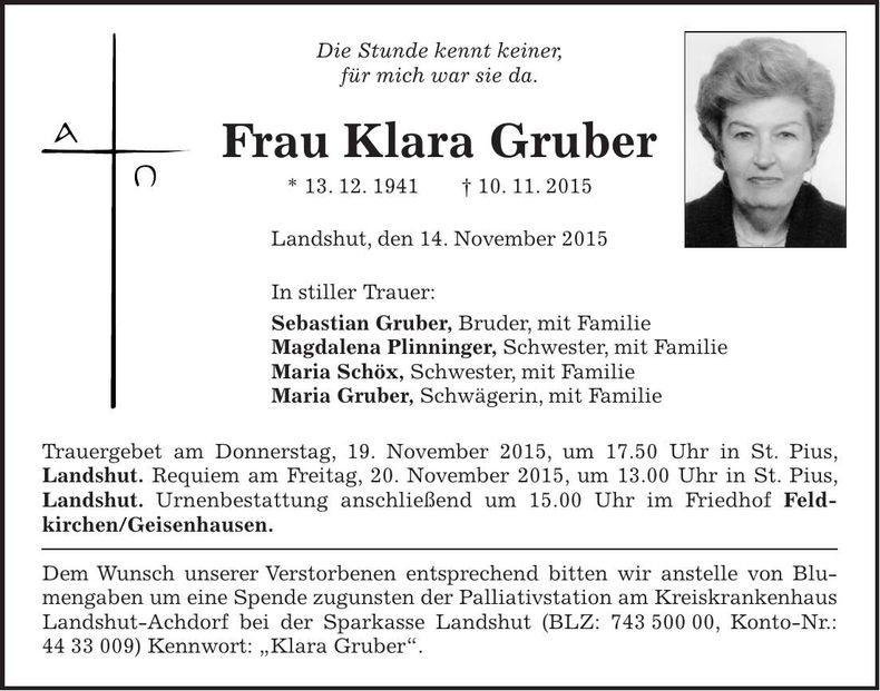 Traueranzeige Klara Gruber