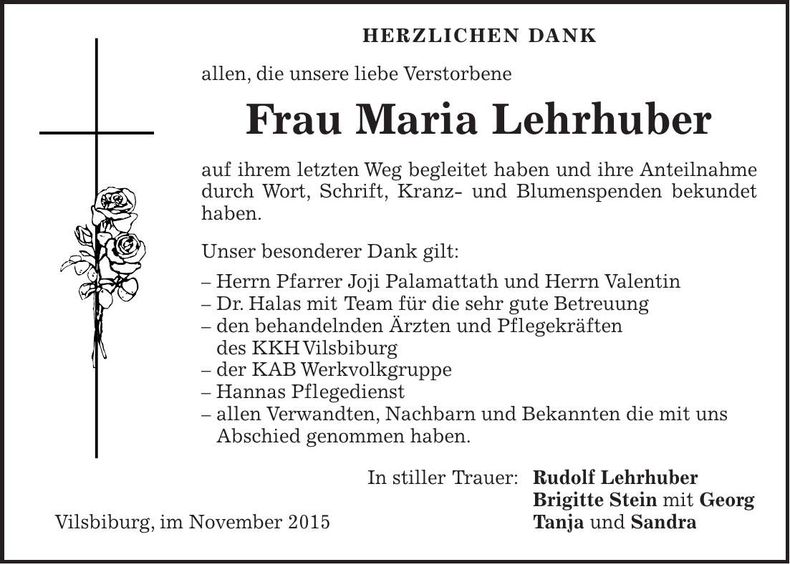 Traueranzeige Maria Lehrhuber