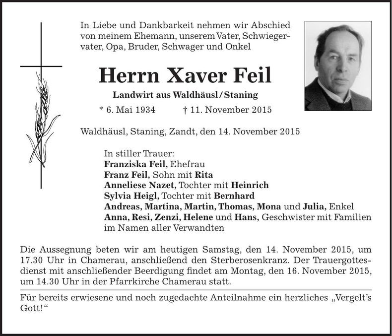 Traueranzeige Xaver Feil