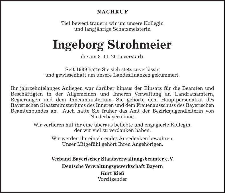 Traueranzeige Ingeborg Strohmeier