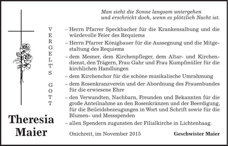 Traueranzeige Theresia Maier