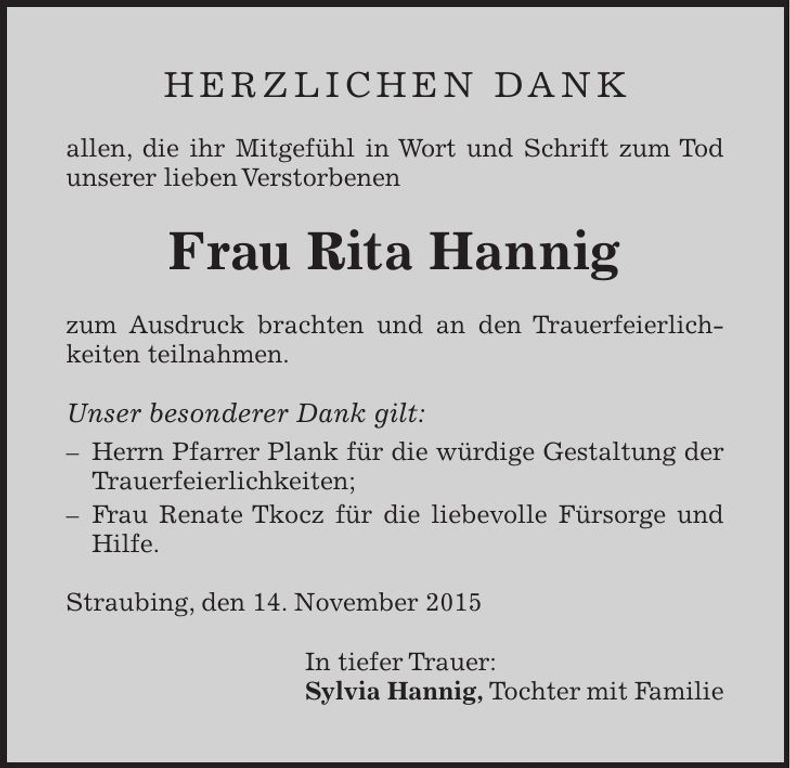 Traueranzeige Rita Hannig