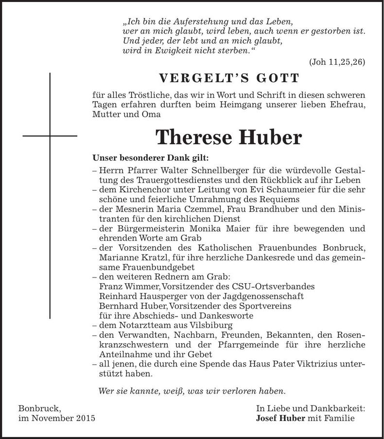 Traueranzeige Therese Huber