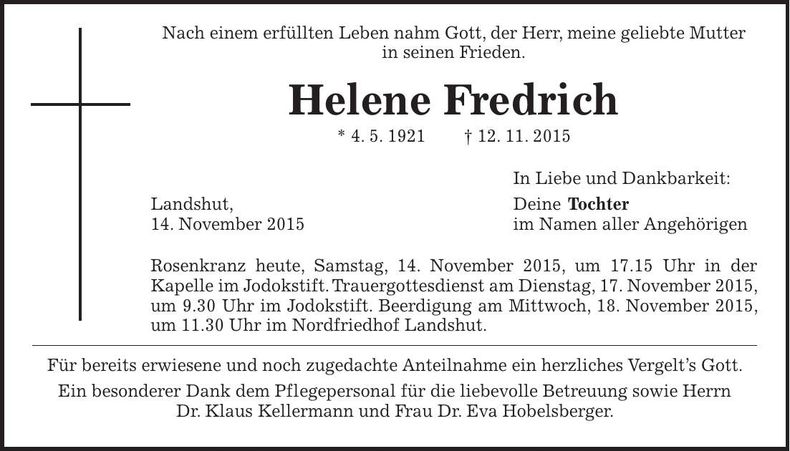 Traueranzeige Helene Fredrich