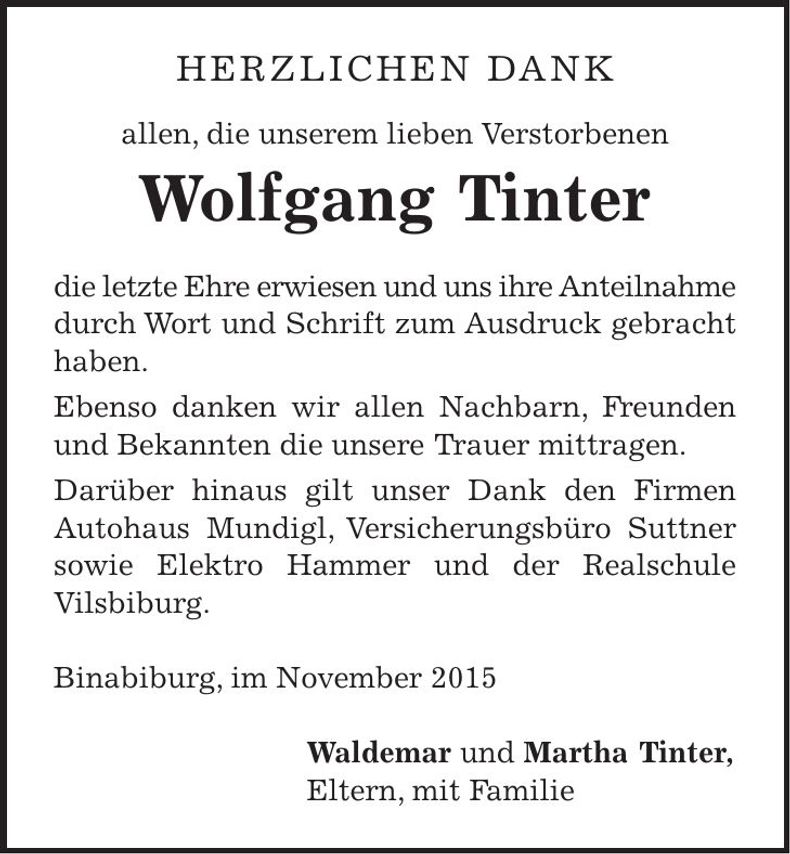 Traueranzeige Wolfgang Tinter