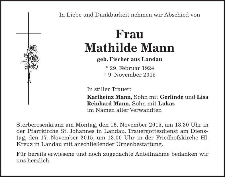 Traueranzeige Mathilde Mann