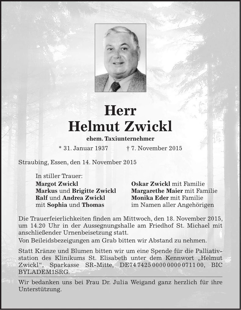 Traueranzeige Helmut Zwickl