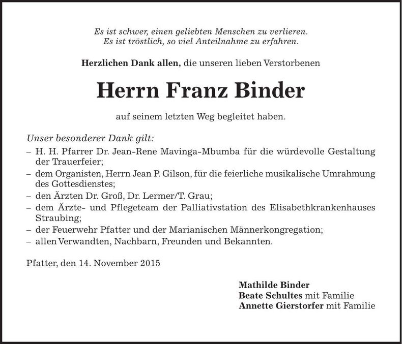 Traueranzeige Franz Binder