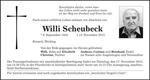 Traueranzeige Willi Scheubeck