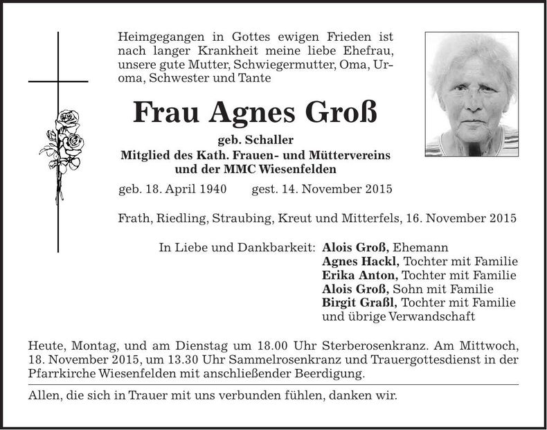 Traueranzeige Agnes Groß