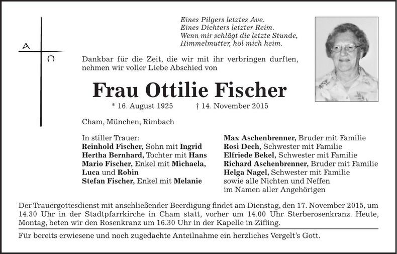 Traueranzeige Ottilie Fischer