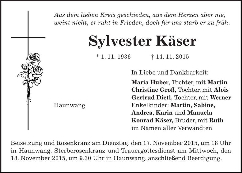 Traueranzeige Sylvester Käser