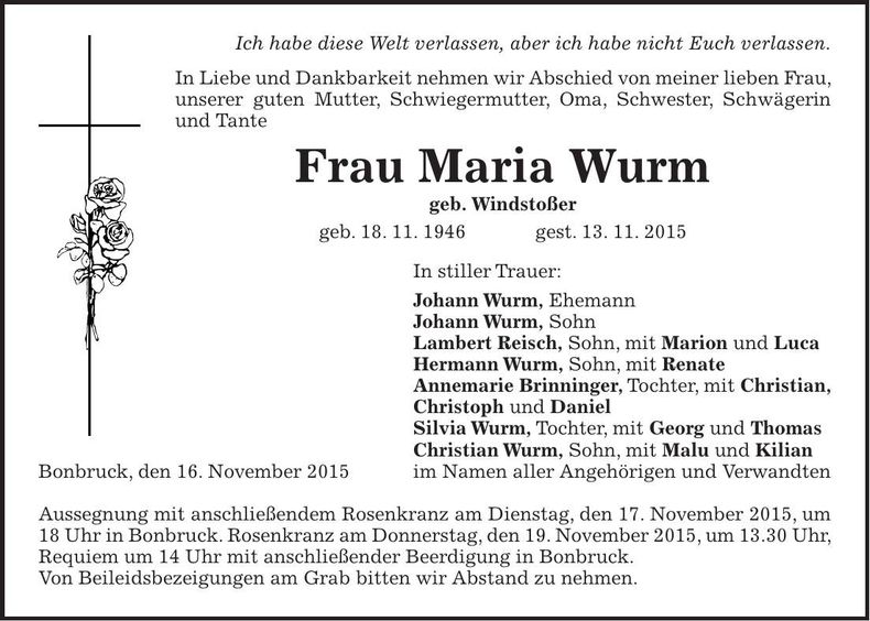Traueranzeige Maria Wurm