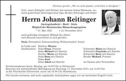 Traueranzeige Johann Reitinger