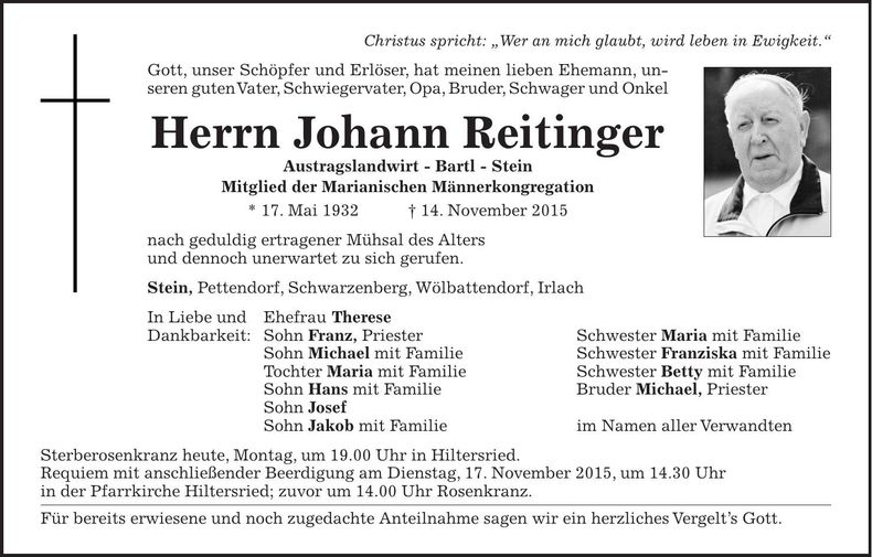 Traueranzeige Johann Reitinger