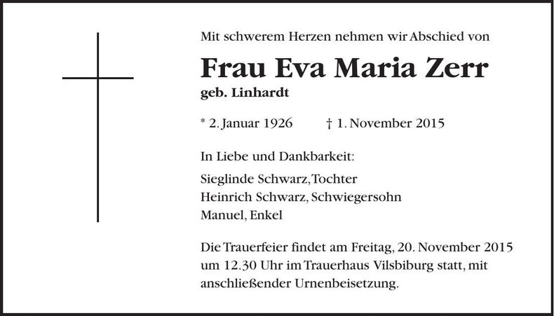 Traueranzeige Eva Maria Zerr