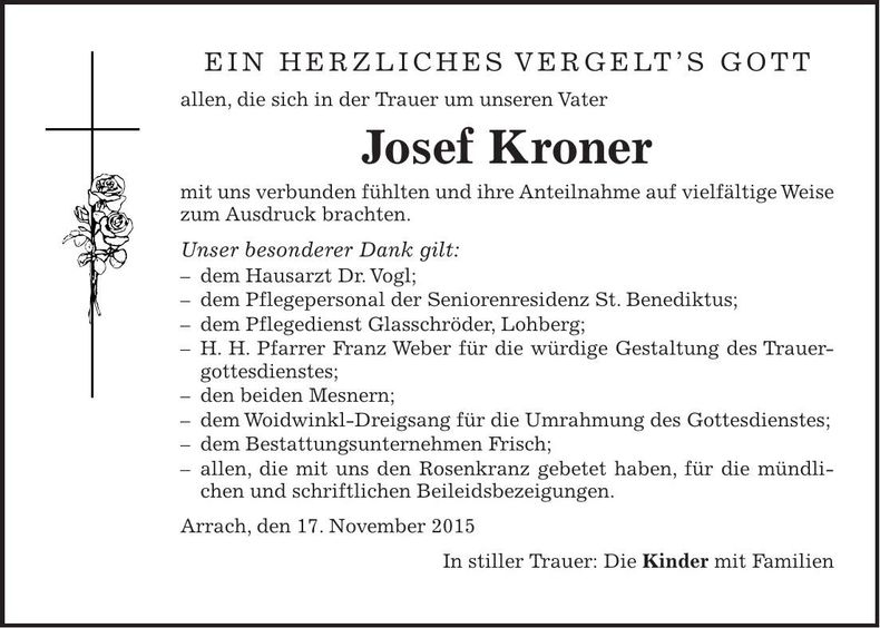 Traueranzeige Josef Kroner