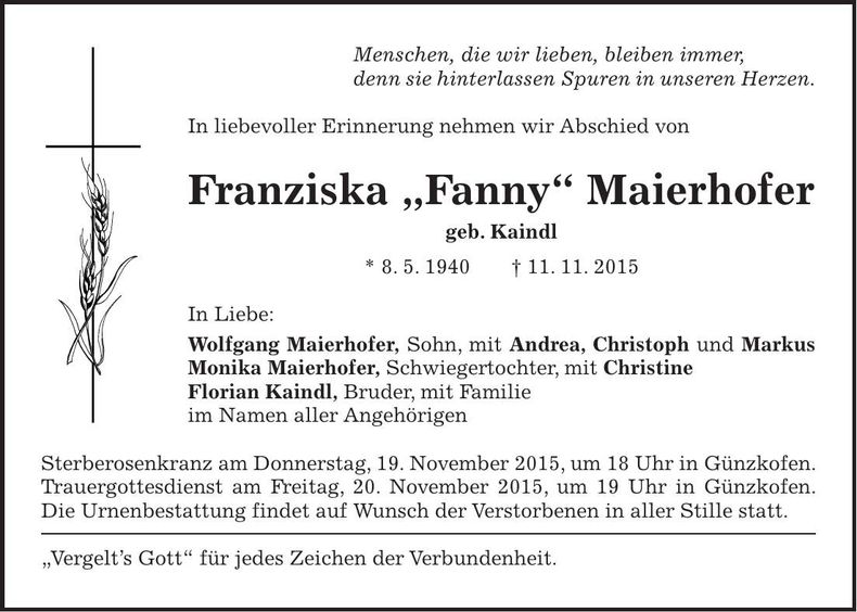 Traueranzeige Franziska Maierhofer