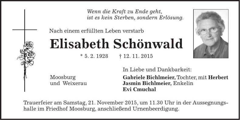Traueranzeige Elisabeth Schönwald