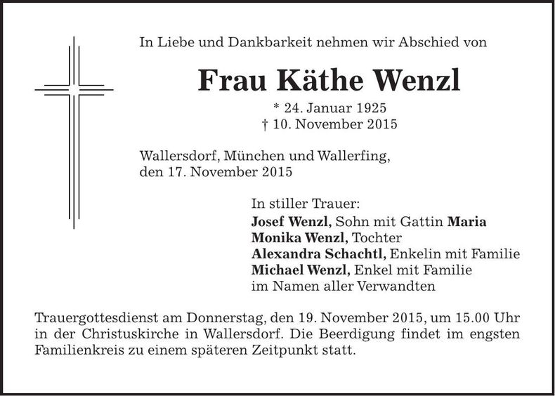 Traueranzeige Käthe Wenzl